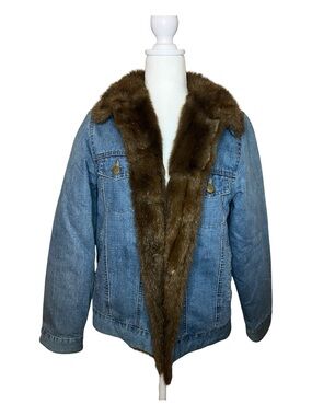 y2k Denim&Co Blue Denim Bomber Jacket with Brown Faux Fur Trim